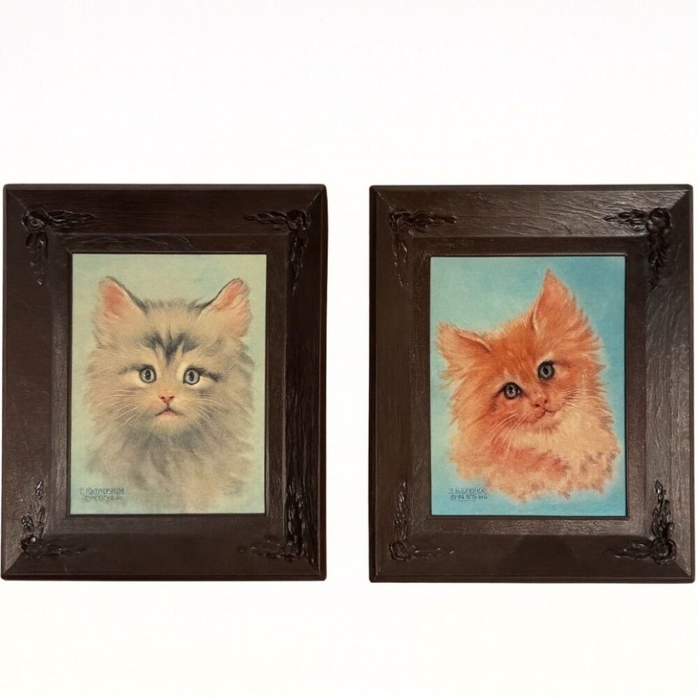 Pair Framed Cat Prints Art Vintage Artist Florence Kroger Mid Century Kittens